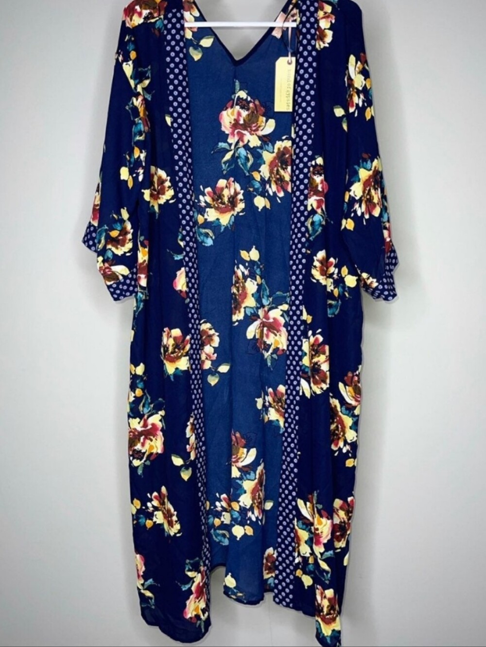 Band of Gypsies Boho Floral Kimono Robe Duster Navy blue dotted trim Size XSmall